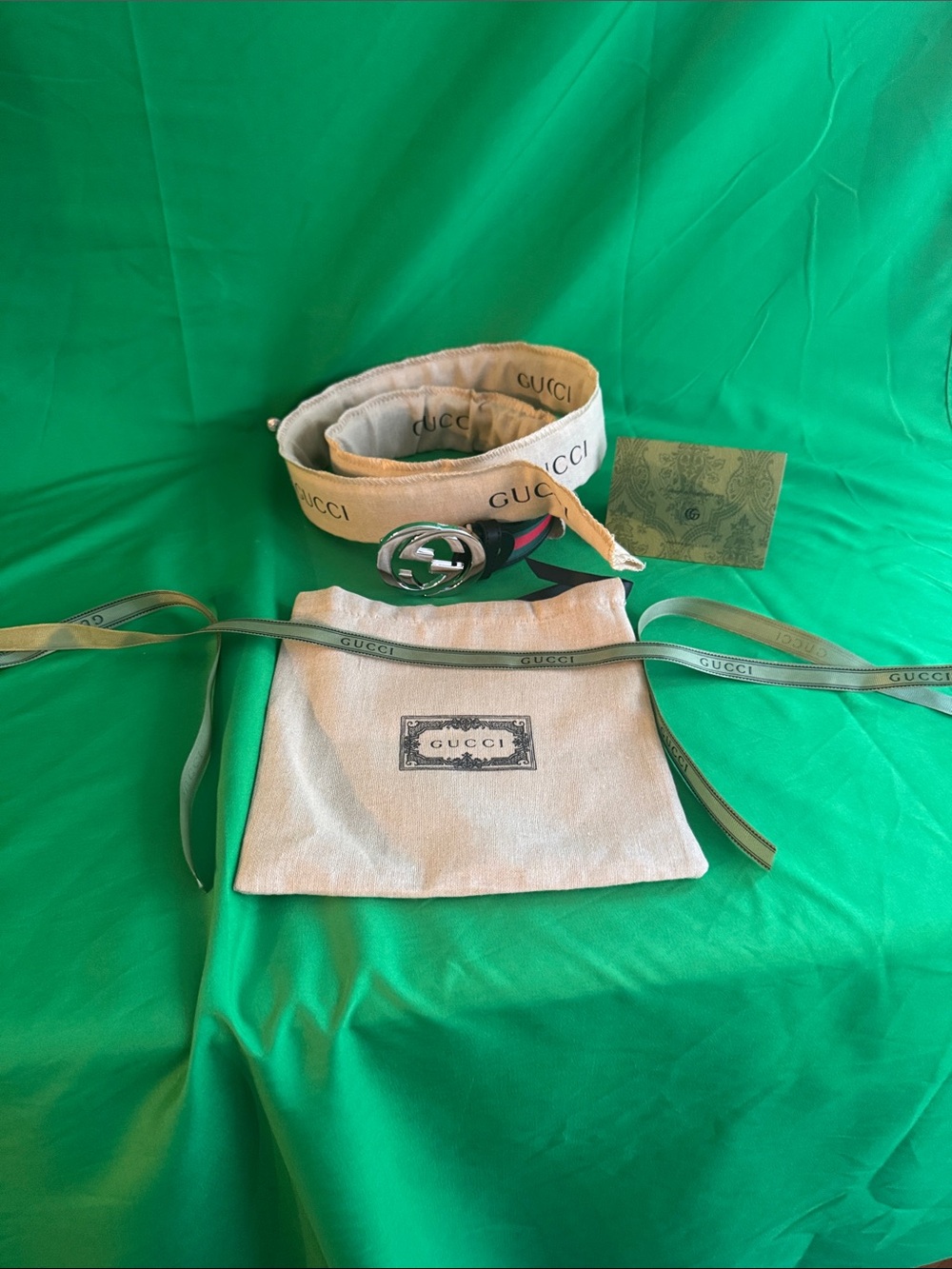 Gucci Green and Red Web Belt with Silver Interlocking G Buckle